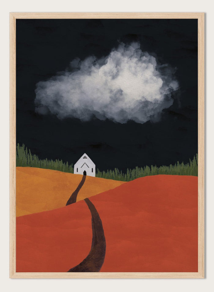 A stylized landscape artwork showing a white house on a hill, a dark winding path, orange and yellow fields, green grass, and a large white cloud against a very dark sky. Winding Path Church by Lisa Solomoniuk premium framed fine art print featuring a small white church beneath a dramatic cloud over red and ochre hills.