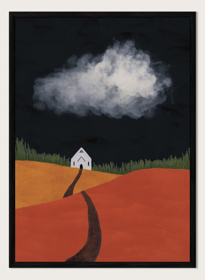 A stylized landscape artwork showing a white house on a hill, a dark winding path, orange and yellow fields, green grass, and a large white cloud against a very dark sky. Winding Path Church by Lisa Solomoniuk premium framed fine art print featuring a small white church beneath a dramatic cloud over red and ochre hills.