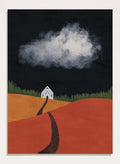 A stylized landscape artwork showing a white house on a hill, a dark winding path, orange and yellow fields, green grass, and a large white cloud against a very dark sky. Winding Path Church by Lisa Solomoniuk premium framed fine art print featuring a small white church beneath a dramatic cloud over red and ochre hills.