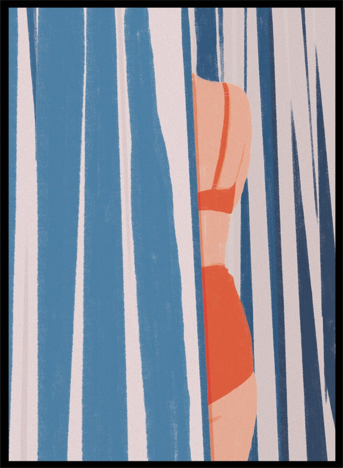 A stylized art print featuring a woman in an orange bikini partially obscured by vertical blue and white striped curtains. Woman Behind Stripes by Lisa Solomoniuk premium framed fine art print featuring a woman in a red bikini behind bold blue-and-white coastal stripes.