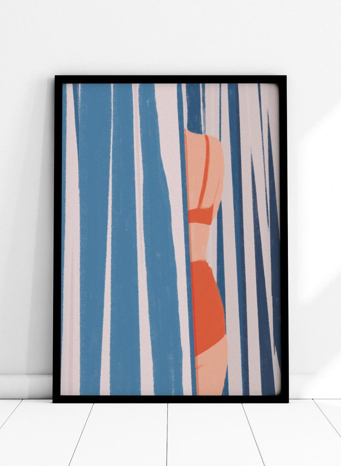 A stylized art print featuring a woman in an orange bikini partially obscured by vertical blue and white striped curtains. Woman Behind Stripes by Lisa Solomoniuk premium framed fine art print featuring a woman in a red bikini behind bold blue-and-white coastal stripes.