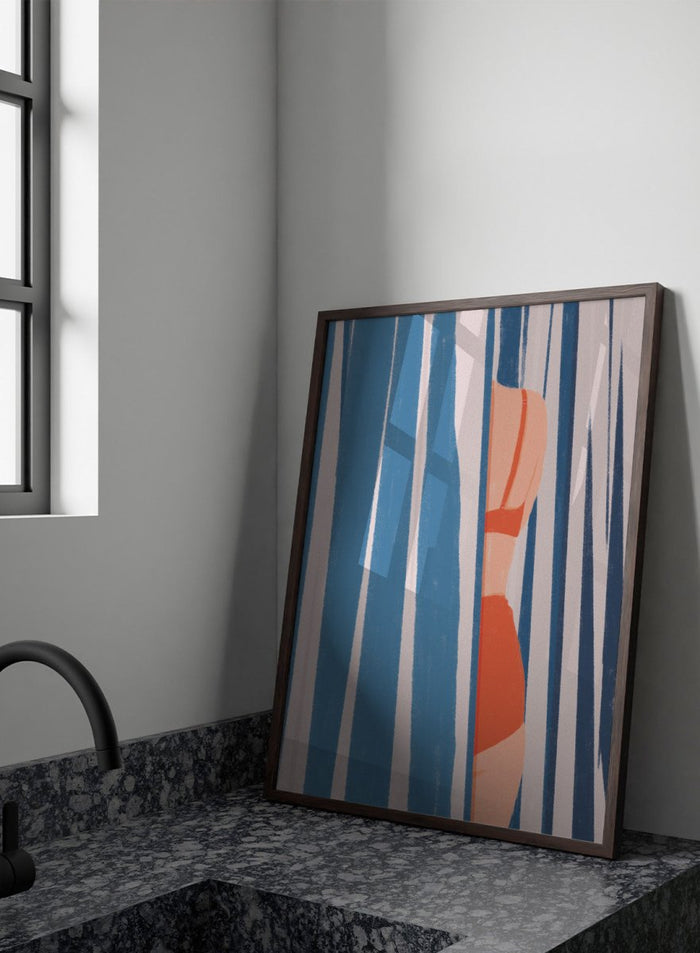 A stylized art print featuring a woman in an orange bikini partially obscured by vertical blue and white striped curtains. Woman Behind Stripes by Lisa Solomoniuk premium framed fine art print featuring a woman in a red bikini behind bold blue-and-white coastal stripes.