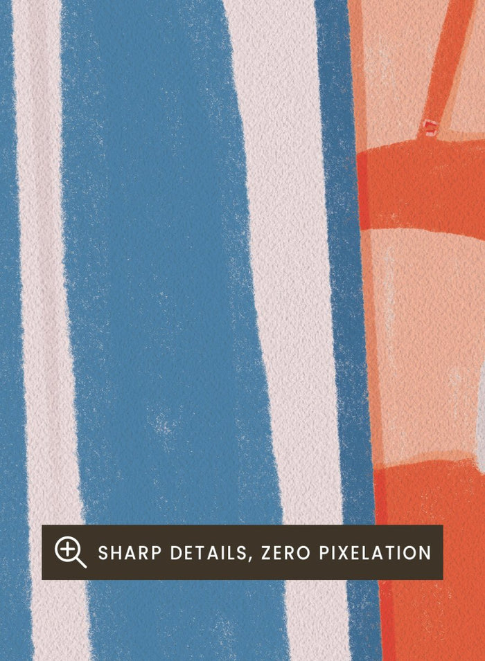 A stylized art print featuring a woman in an orange bikini partially obscured by vertical blue and white striped curtains. Woman Behind Stripes by Lisa Solomoniuk premium framed fine art print featuring a woman in a red bikini behind bold blue-and-white coastal stripes.
