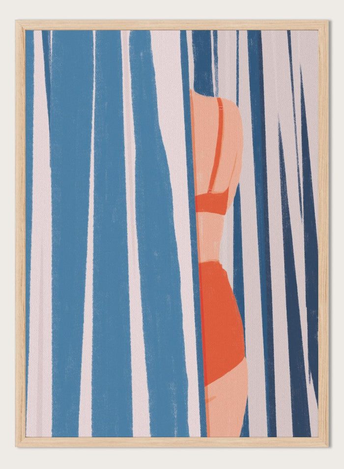 A stylized art print featuring a woman in an orange bikini partially obscured by vertical blue and white striped curtains. Woman Behind Stripes by Lisa Solomoniuk premium framed fine art print featuring a woman in a red bikini behind bold blue-and-white coastal stripes.