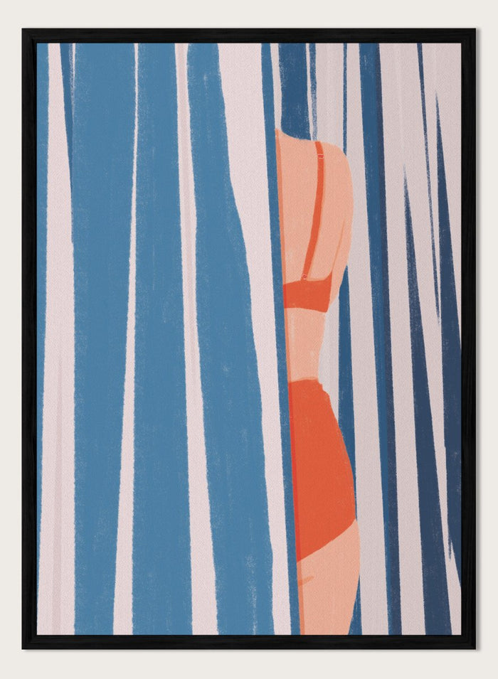 A stylized art print featuring a woman in an orange bikini partially obscured by vertical blue and white striped curtains. Woman Behind Stripes by Lisa Solomoniuk premium framed fine art print featuring a woman in a red bikini behind bold blue-and-white coastal stripes.