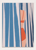 A stylized art print featuring a woman in an orange bikini partially obscured by vertical blue and white striped curtains. Woman Behind Stripes by Lisa Solomoniuk premium framed fine art print featuring a woman in a red bikini behind bold blue-and-white coastal stripes.
