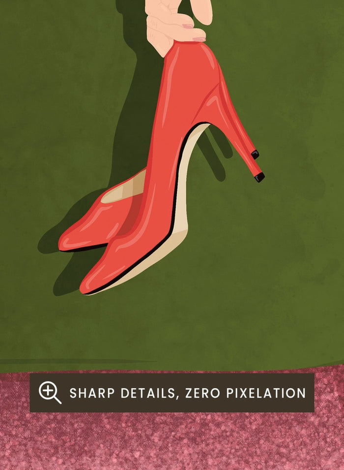 A stylized illustration of a person sitting on a green sofa, holding a pair of red high-heeled shoes. The person has dark hair and pale skin, with striped beige walls and a pink carpet in the background. Woman Resting Red Heels by Lisa Solomoniuk premium framed fine art print featuring a woman draped over a green chair holding bright red heels.