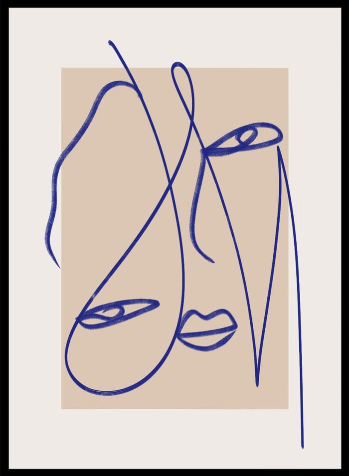 Abstract Blue Line Art print by Little Dean. Modern minimalist face illustration in bold blue linework, contemporary wall art poster.