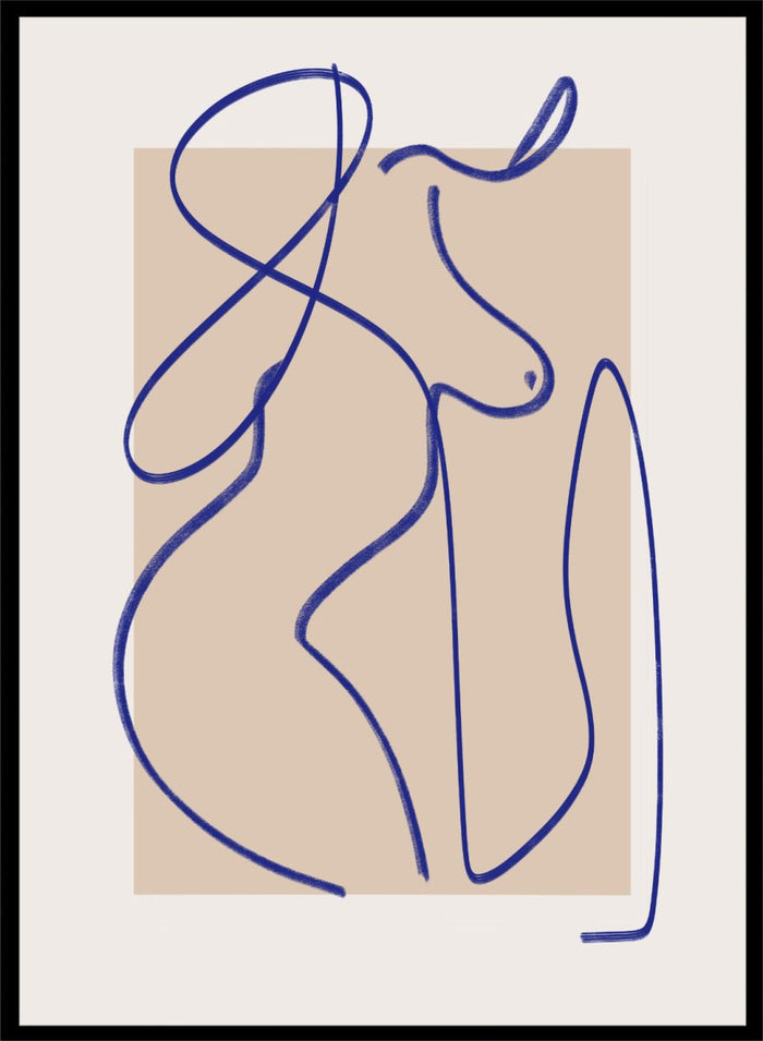 Abstract line art of a woman on a beige background. Abstract Flow Line by Little Dean abstract line art print featuring minimalist female figure drawing, modern contemporary line illustration wall art poster.