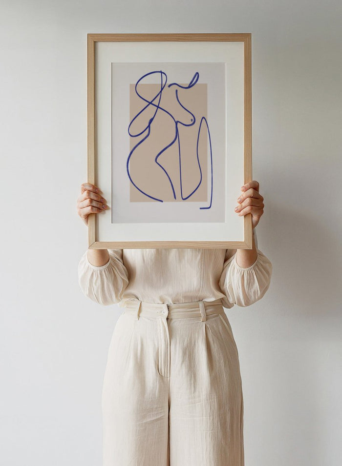 Abstract line art of a woman on a beige background. Abstract Flow Line by Little Dean abstract line art print featuring minimalist female figure drawing, modern contemporary line illustration wall art poster.