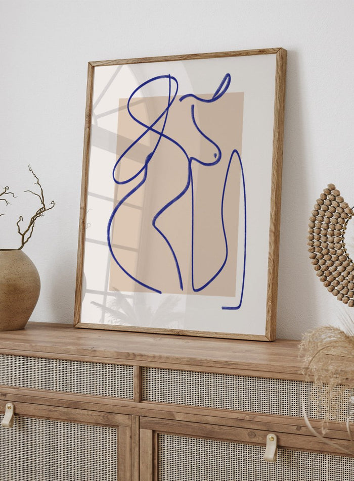 Abstract line art of a woman on a beige background. Abstract Flow Line by Little Dean abstract line art print featuring minimalist female figure drawing, modern contemporary line illustration wall art poster.