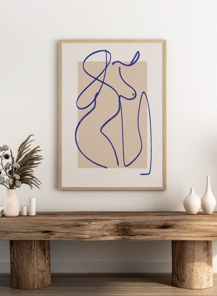 Abstract line art of a woman on a beige background. Abstract Flow Line by Little Dean abstract line art print featuring minimalist female figure drawing, modern contemporary line illustration wall art poster.