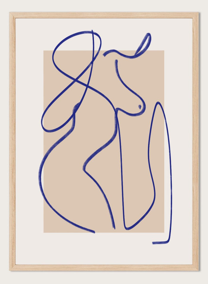 Abstract line art of a woman on a beige background. Abstract Flow Line by Little Dean abstract line art print featuring minimalist female figure drawing, modern contemporary line illustration wall art poster.