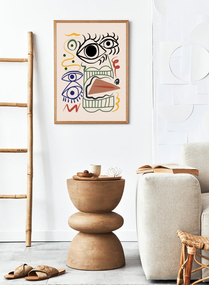 Abstract artwork with eyes and wavy lines on a beige background. Bizarre Totem by Little Dean abstract face art print featuring surreal graphic shapes and eyes, modern contemporary illustration wall art poster.