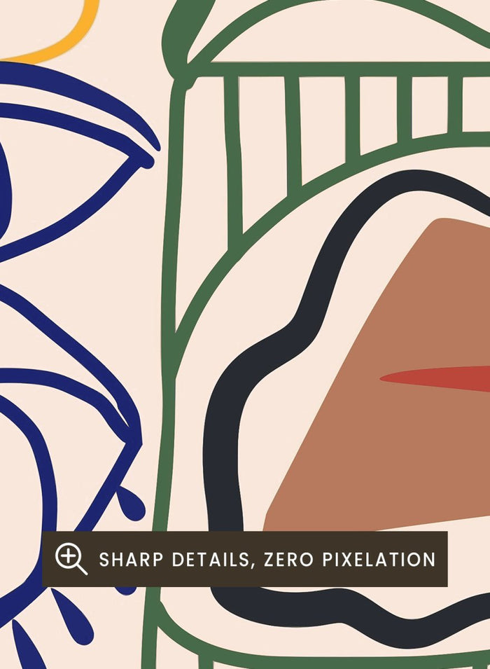 Abstract artwork with eyes and wavy lines on a beige background. Bizarre Totem by Little Dean abstract face art print featuring surreal graphic shapes and eyes, modern contemporary illustration wall art poster.