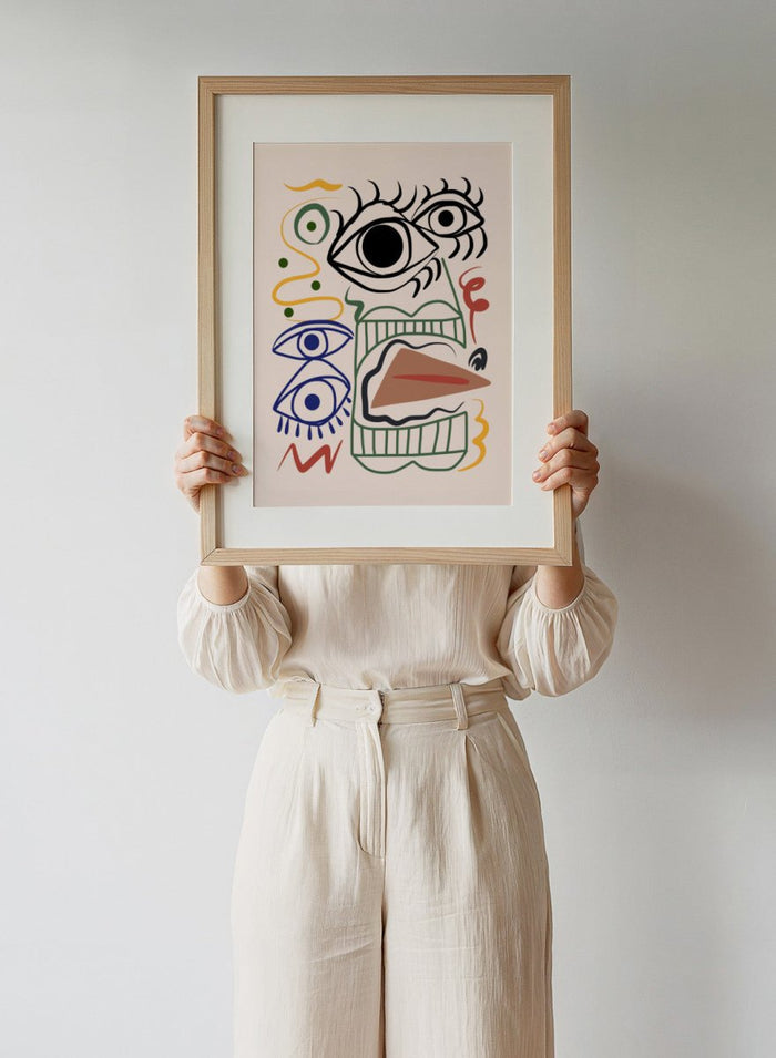 Abstract artwork with eyes and wavy lines on a beige background. Bizarre Totem by Little Dean abstract face art print featuring surreal graphic shapes and eyes, modern contemporary illustration wall art poster.