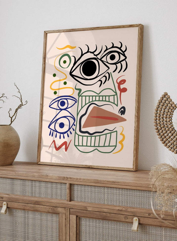 Abstract artwork with eyes and wavy lines on a beige background. Bizarre Totem by Little Dean abstract face art print featuring surreal graphic shapes and eyes, modern contemporary illustration wall art poster.
