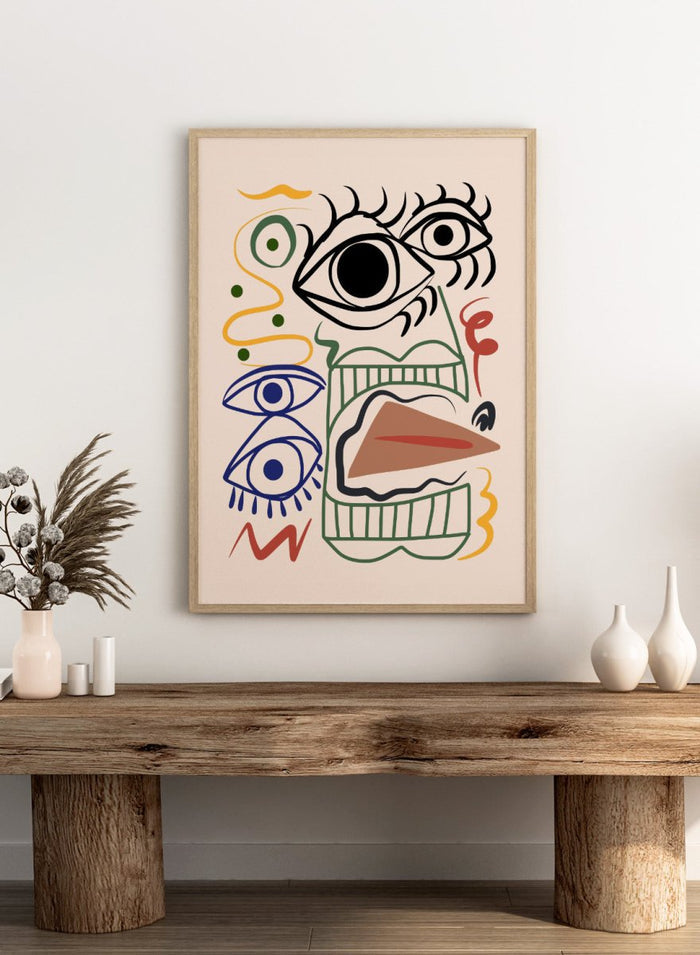 Abstract artwork with eyes and wavy lines on a beige background. Bizarre Totem by Little Dean abstract face art print featuring surreal graphic shapes and eyes, modern contemporary illustration wall art poster.
