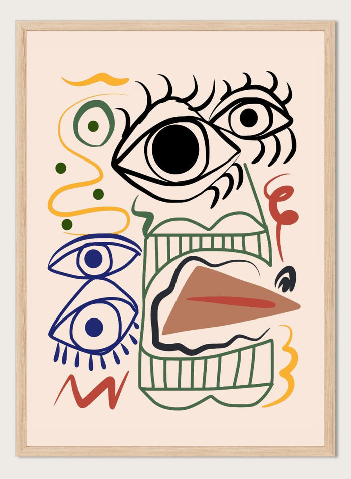 Abstract artwork with eyes and wavy lines on a beige background. Bizarre Totem by Little Dean abstract face art print featuring surreal graphic shapes and eyes, modern contemporary illustration wall art poster.