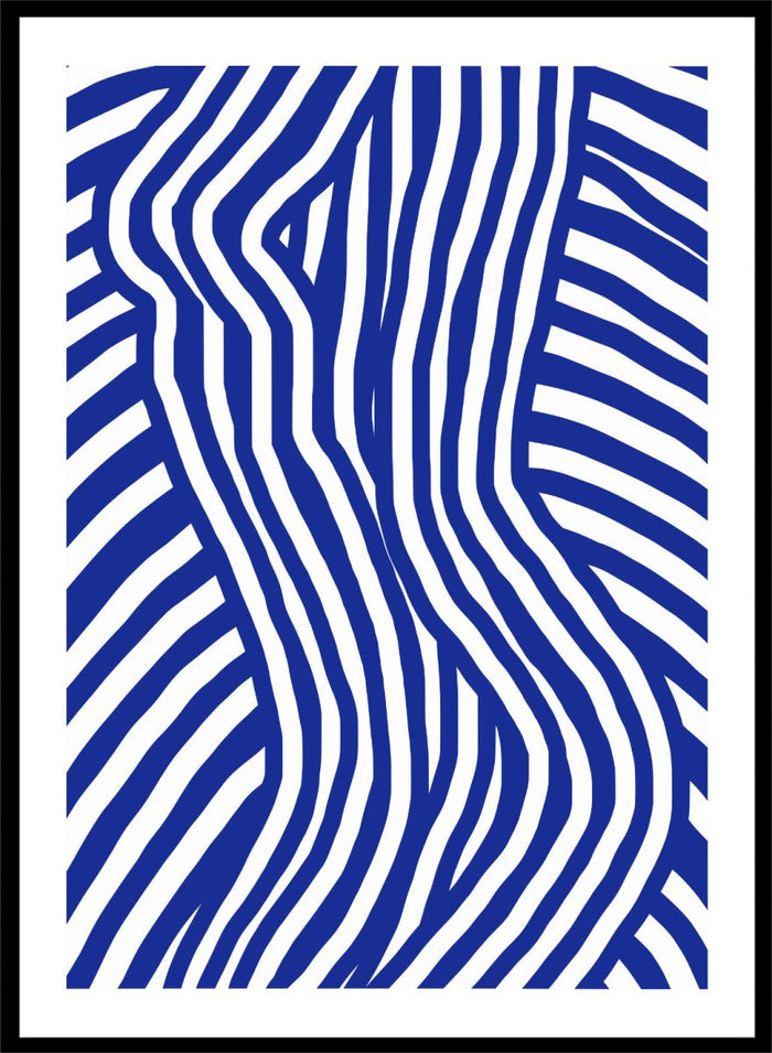 Blue and white wavy pattern on a white background. Blue and White Striped by Little Dean abstract optical illusion art print featuring striped silhouette, modern graphic pattern illustration wall art poster.