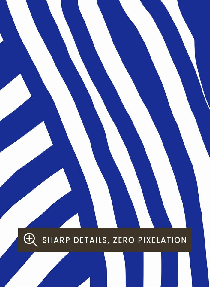 Blue and white wavy pattern on a white background. Blue and White Striped by Little Dean abstract optical illusion art print featuring striped silhouette, modern graphic pattern illustration wall art poster.