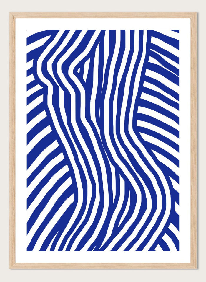 Blue and white wavy pattern on a white background. Blue and White Striped by Little Dean abstract optical illusion art print featuring striped silhouette, modern graphic pattern illustration wall art poster.