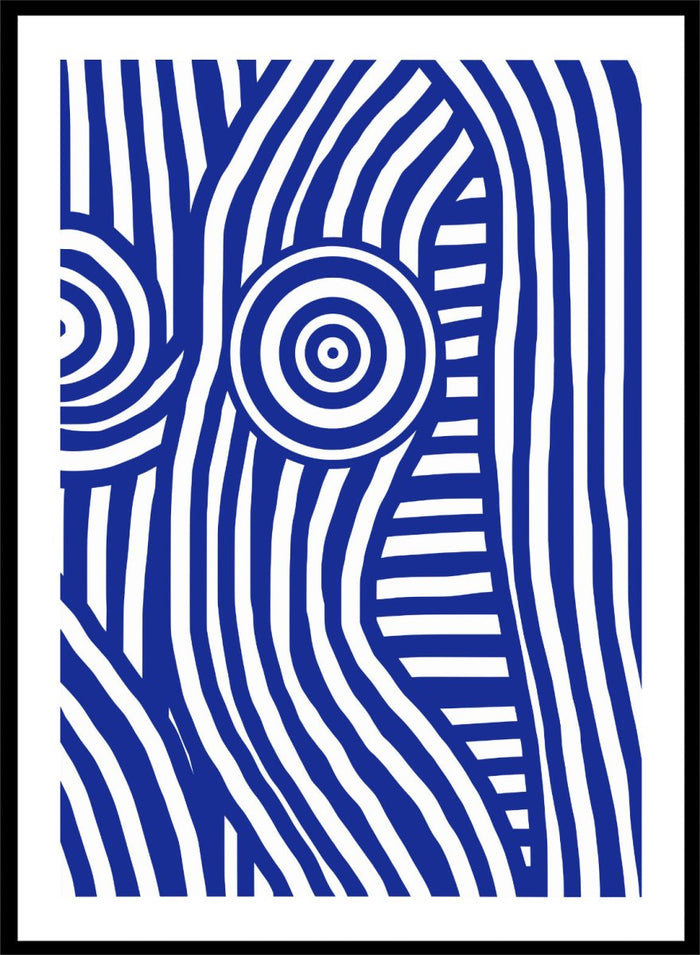 Abstract design with blue and white concentric circles on a white background. Blue and White Striped Figure by Little Dean abstract optical illusion art print featuring striped body form, modern graphic pattern illustration wall art poster.