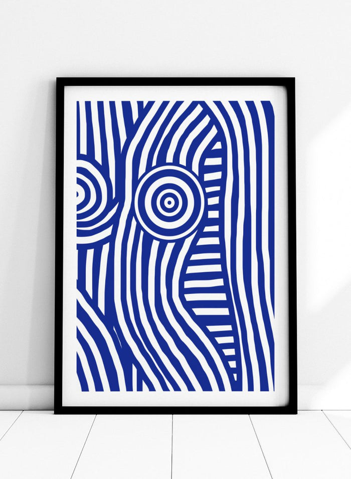 Abstract design with blue and white concentric circles on a white background. Blue and White Striped Figure by Little Dean abstract optical illusion art print featuring striped body form, modern graphic pattern illustration wall art poster.