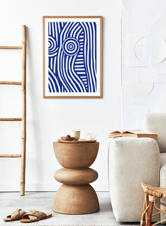 Abstract design with blue and white concentric circles on a white background. Blue and White Striped Figure by Little Dean abstract optical illusion art print featuring striped body form, modern graphic pattern illustration wall art poster.