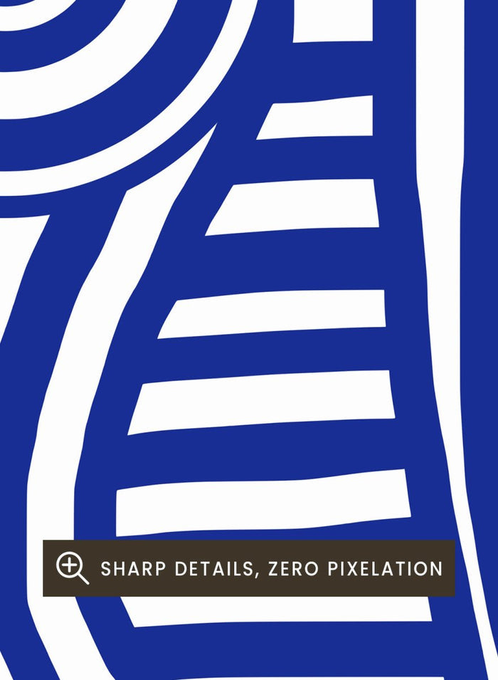 Abstract design with blue and white concentric circles on a white background. Blue and White Striped Figure by Little Dean abstract optical illusion art print featuring striped body form, modern graphic pattern illustration wall art poster.