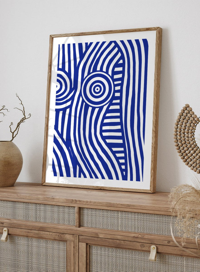 Abstract design with blue and white concentric circles on a white background. Blue and White Striped Figure by Little Dean abstract optical illusion art print featuring striped body form, modern graphic pattern illustration wall art poster.