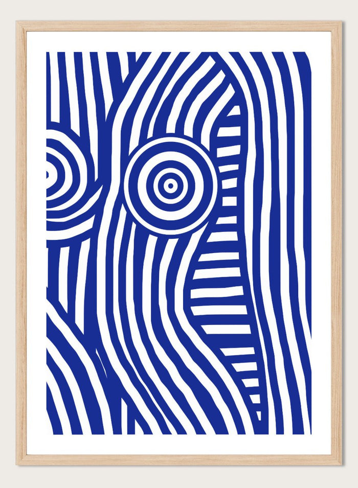 Abstract design with blue and white concentric circles on a white background. Blue and White Striped Figure by Little Dean abstract optical illusion art print featuring striped body form, modern graphic pattern illustration wall art poster.