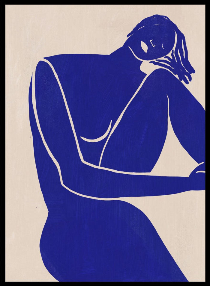 Blue line art of a woman figure on a beige background. Minimalist Blue Silhouette Figure by Little Dean modern abstract figure art print featuring bold blue female silhouette, contemporary minimalist wall art poster.