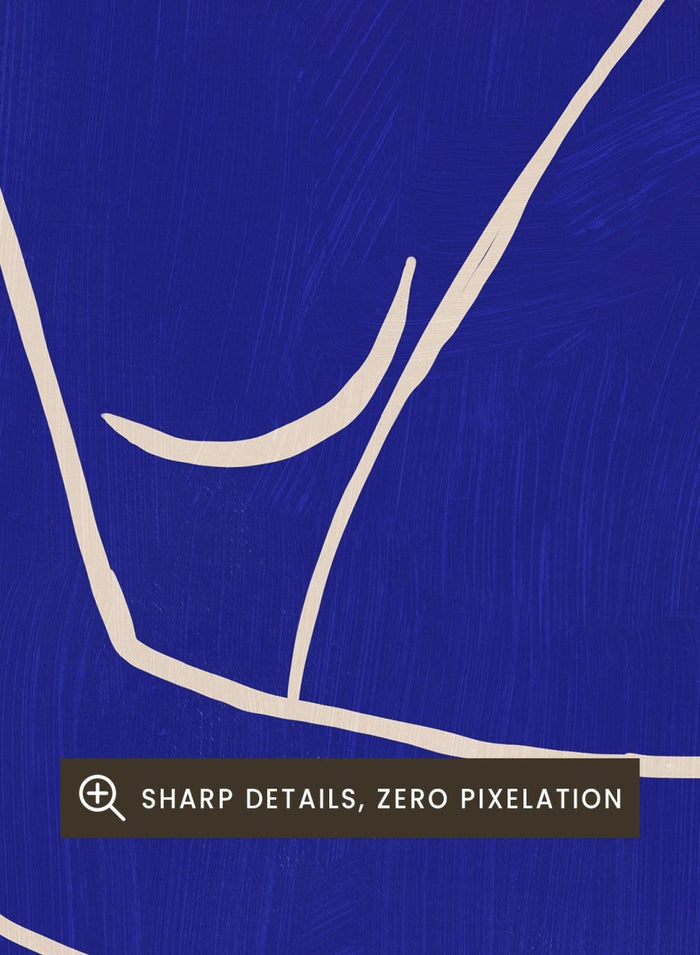 Blue line art of a woman figure on a beige background. Minimalist Blue Silhouette Figure by Little Dean modern abstract figure art print featuring bold blue female silhouette, contemporary minimalist wall art poster.