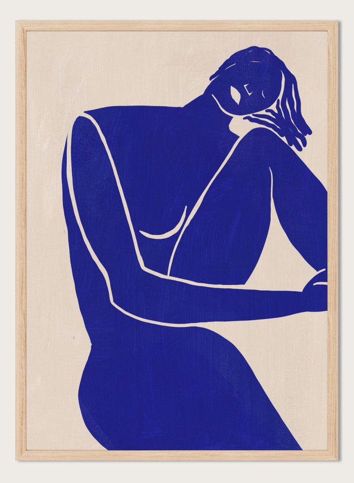 Blue line art of a woman figure on a beige background. Minimalist Blue Silhouette Figure by Little Dean modern abstract figure art print featuring bold blue female silhouette, contemporary minimalist wall art poster.