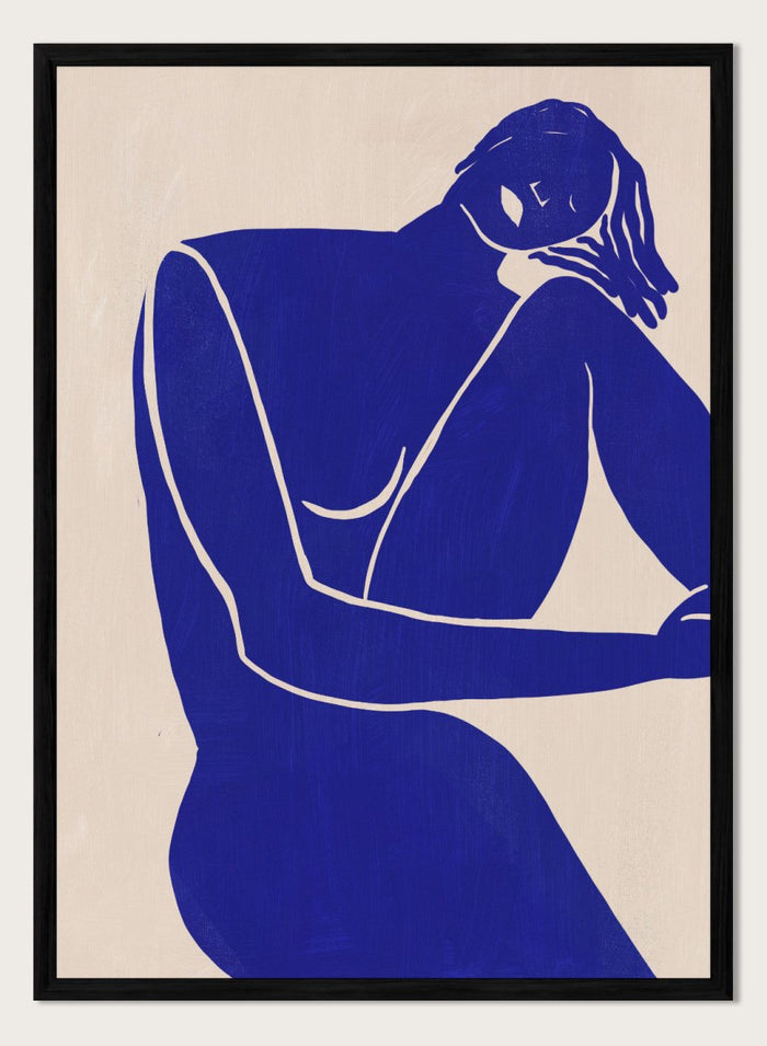 Blue line art of a woman figure on a beige background. Minimalist Blue Silhouette Figure by Little Dean modern abstract figure art print featuring bold blue female silhouette, contemporary minimalist wall art poster.