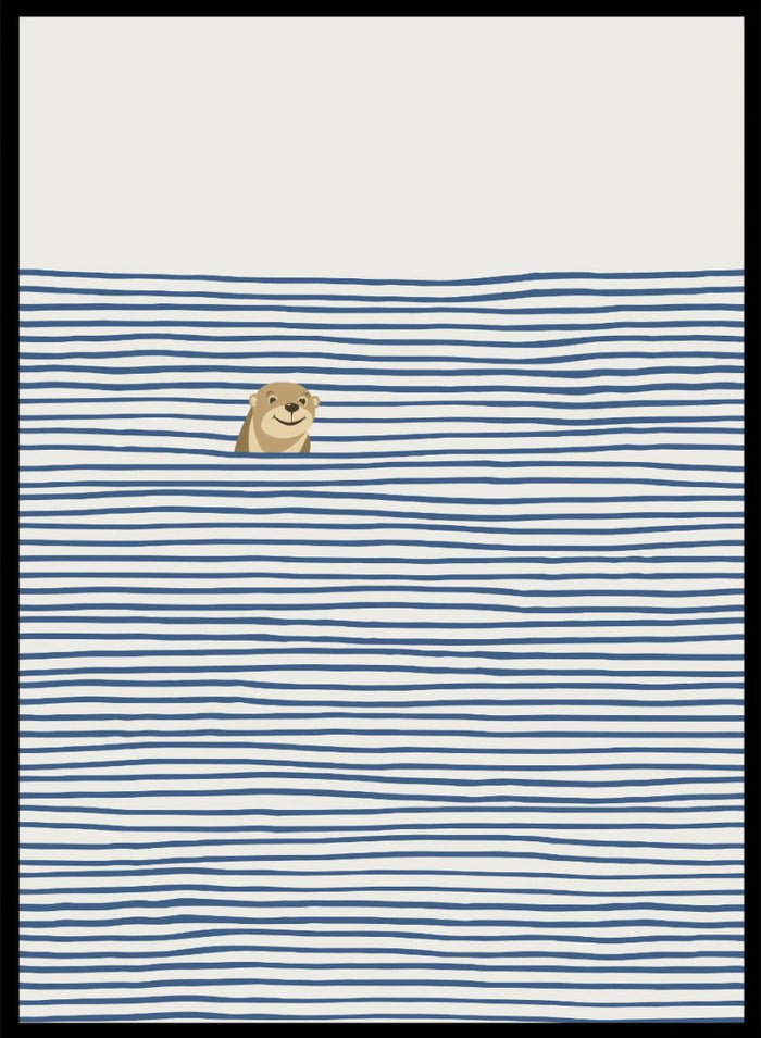 Otter in the Waves art print by Little Dean. Playful contemporary wall art featuring a smiling otter, blue wave pattern, minimalist illustration, and modern poster design.