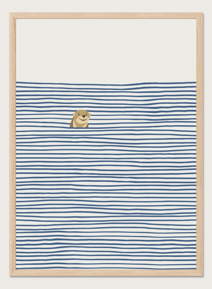 Otter in the Waves art print by Little Dean. Playful contemporary wall art featuring a smiling otter, blue wave pattern, minimalist illustration, and modern poster design.