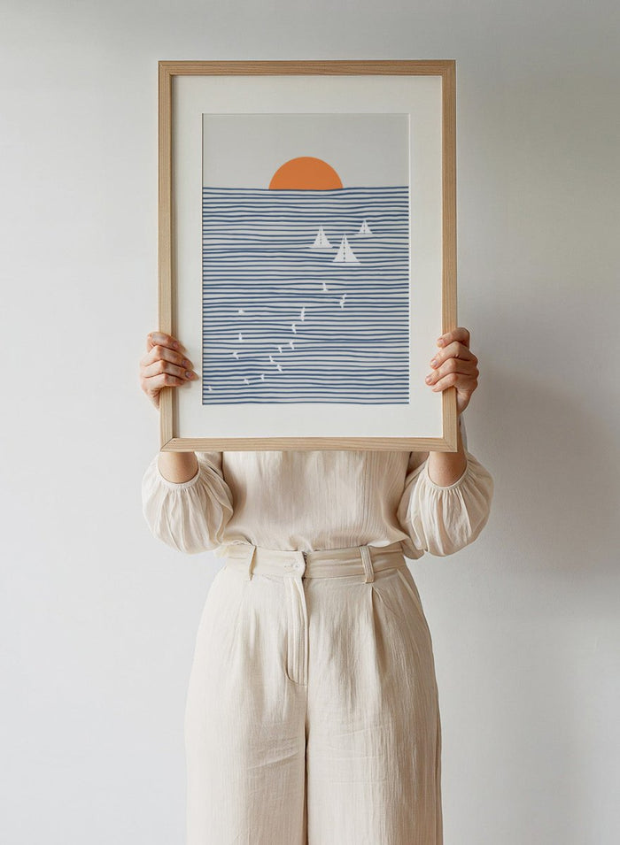 Three White Sails art print by Little Dean. Contemporary coastal wall art with sailboats, birds, striped ocean lines, orange sun, modern illustration poster design.