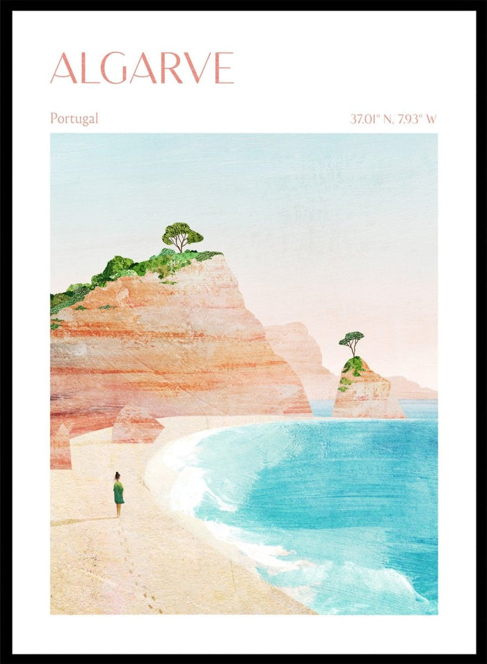 Illustration of a beach scene with cliffs and a person standing on the shore, labeled 'Algarve, Portugal'. Algarve Coastal Walk by Longwayhome is a minimalist coastal landscape art print featuring Portugal cliffs, turquoise ocean scenery, and modern travel inspired design.