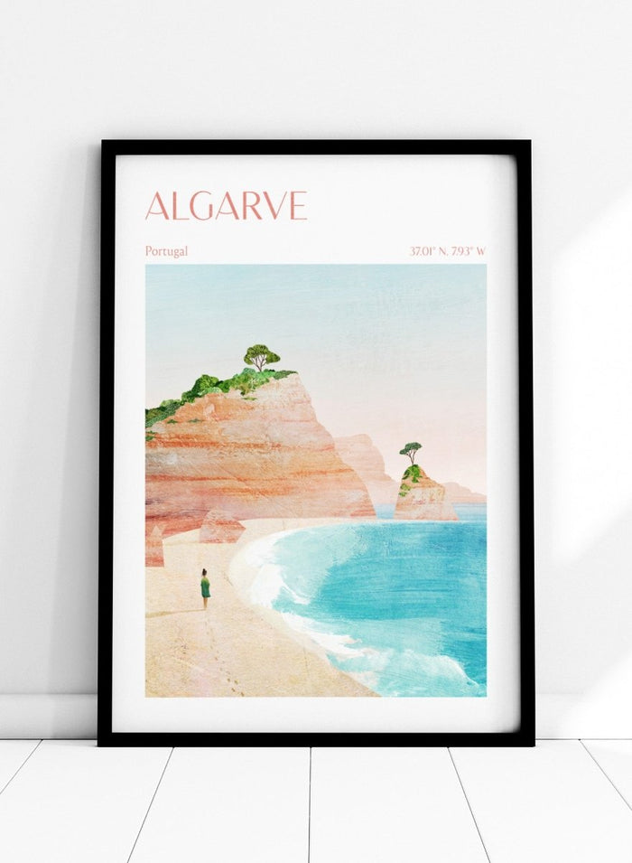 Illustration of a beach scene with cliffs and a person standing on the shore, labeled 'Algarve, Portugal'. Algarve Coastal Walk by Longwayhome is a minimalist coastal landscape art print featuring Portugal cliffs, turquoise ocean scenery, and modern travel inspired design.