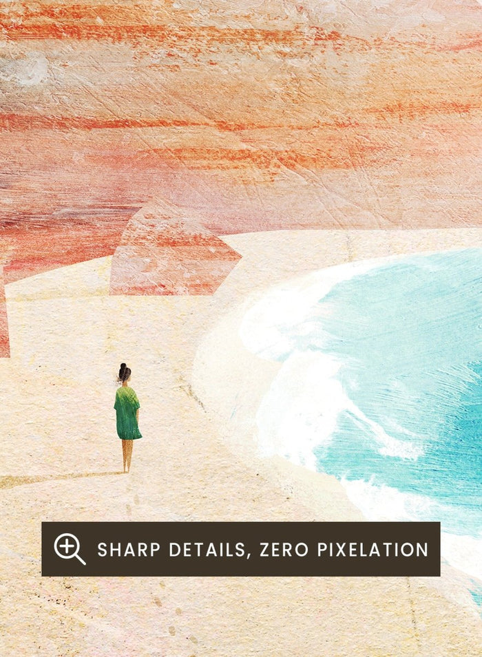 Illustration of a beach scene with cliffs and a person standing on the shore, labeled 'Algarve, Portugal'. Algarve Coastal Walk by Longwayhome is a minimalist coastal landscape art print featuring Portugal cliffs, turquoise ocean scenery, and modern travel inspired design.