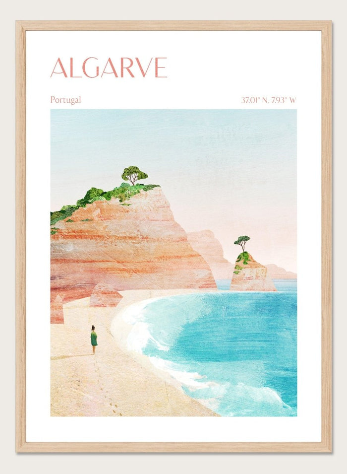 Illustration of a beach scene with cliffs and a person standing on the shore, labeled 'Algarve, Portugal'. Algarve Coastal Walk by Longwayhome is a minimalist coastal landscape art print featuring Portugal cliffs, turquoise ocean scenery, and modern travel inspired design.