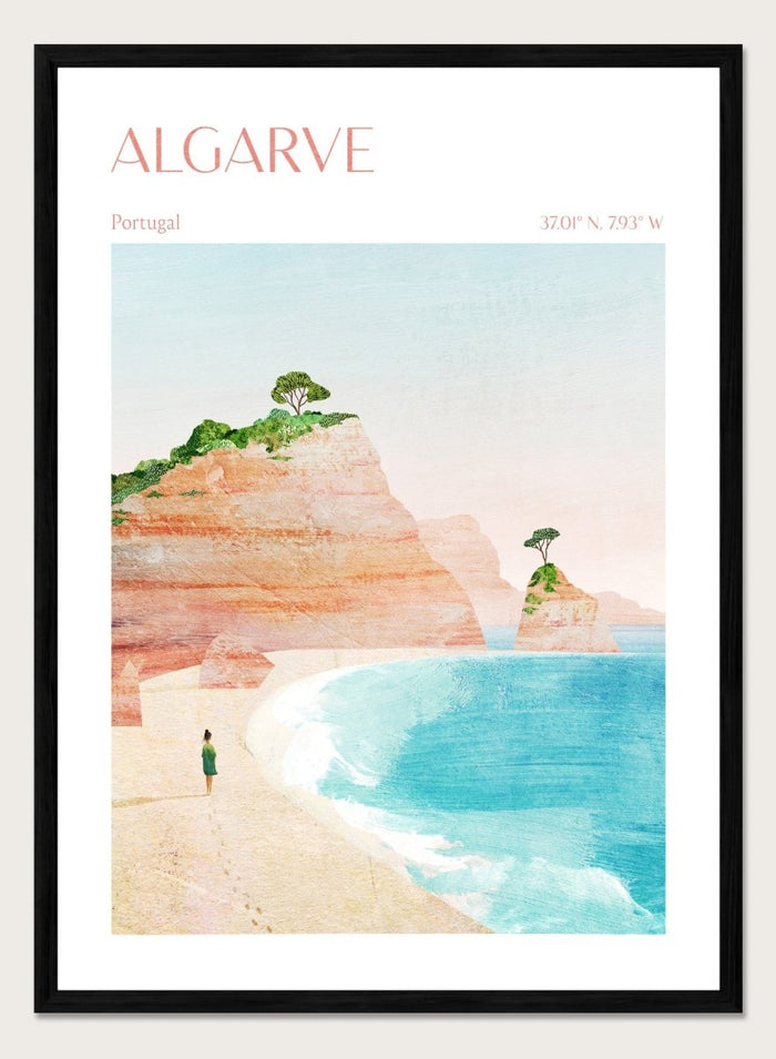 Illustration of a beach scene with cliffs and a person standing on the shore, labeled 'Algarve, Portugal'. Algarve Coastal Walk by Longwayhome is a minimalist coastal landscape art print featuring Portugal cliffs, turquoise ocean scenery, and modern travel inspired design.
