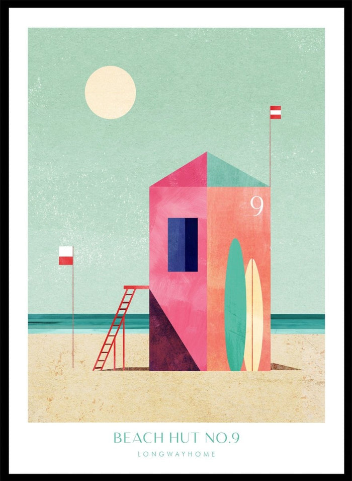 Colorful beach hut illustration with a minimalistic design on a light green background. Beach Hut Number Nine by Longwayhome is a retro inspired coastal art print featuring a colorful beach hut, surfboards, and minimalist seaside design.
