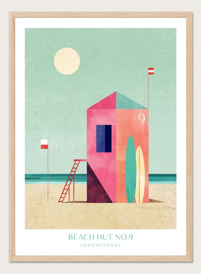 Colorful beach hut illustration with a minimalistic design on a light green background. Beach Hut Number Nine by Longwayhome is a retro inspired coastal art print featuring a colorful beach hut, surfboards, and minimalist seaside design.