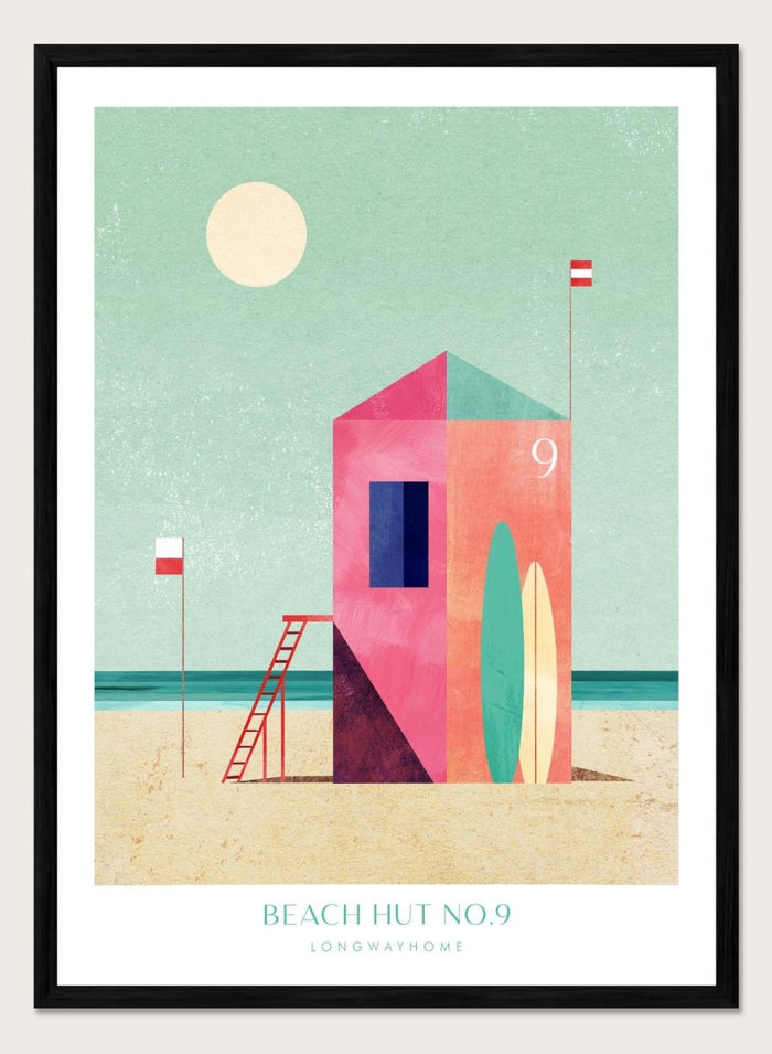 Colorful beach hut illustration with a minimalistic design on a light green background. Beach Hut Number Nine by Longwayhome is a retro inspired coastal art print featuring a colorful beach hut, surfboards, and minimalist seaside design.