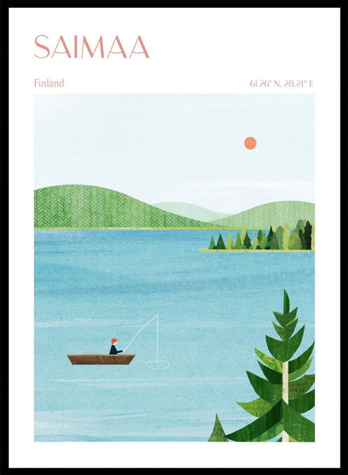 Illustration of a lake scene with a person fishing, surrounded by greenery and mountains, with 'Saimaa, Finland' text at the top. Calm Saimaa Lake Fishing by Longwayhome is a minimalist Scandinavian landscape art print featuring peaceful Finland lake scenery, forest views, and modern Nordic design.