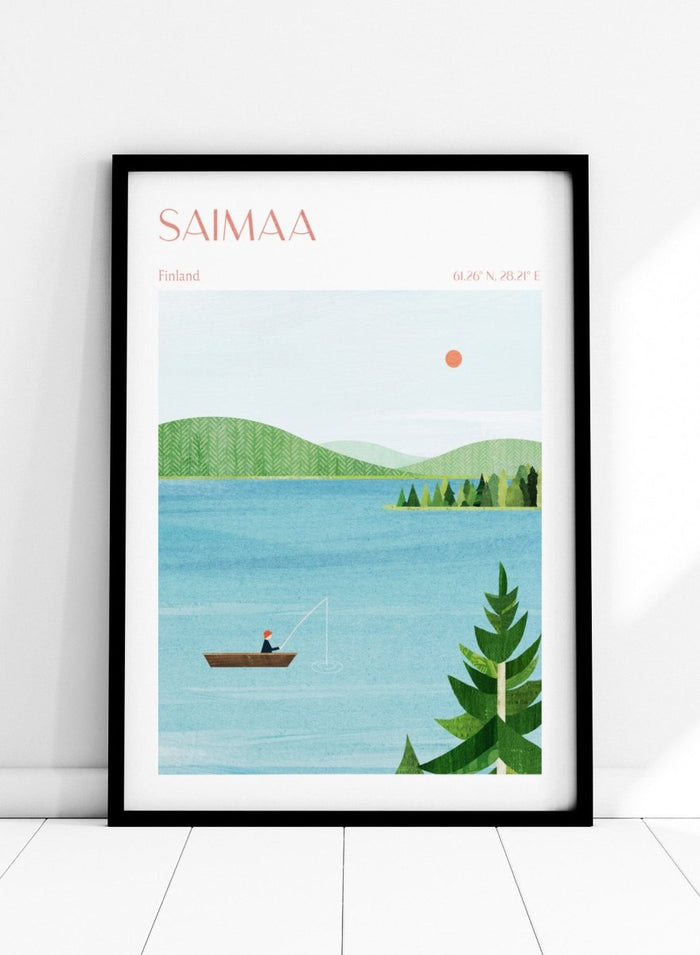 Illustration of a lake scene with a person fishing, surrounded by greenery and mountains, with 'Saimaa, Finland' text at the top. Calm Saimaa Lake Fishing by Longwayhome is a minimalist Scandinavian landscape art print featuring peaceful Finland lake scenery, forest views, and modern Nordic design.