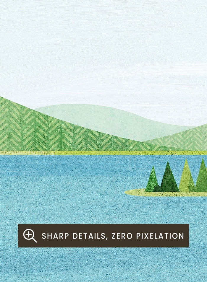 Illustration of a lake scene with a person fishing, surrounded by greenery and mountains, with 'Saimaa, Finland' text at the top. Calm Saimaa Lake Fishing by Longwayhome is a minimalist Scandinavian landscape art print featuring peaceful Finland lake scenery, forest views, and modern Nordic design.